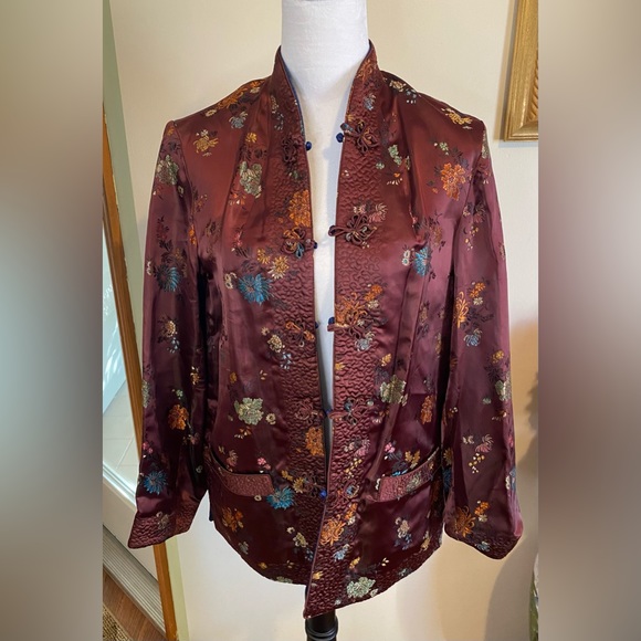 Reversible Chinese Brocade Jacket Vintage Fitted 6 to 8 Burgundy and blue Satin - Picture 1 of 5